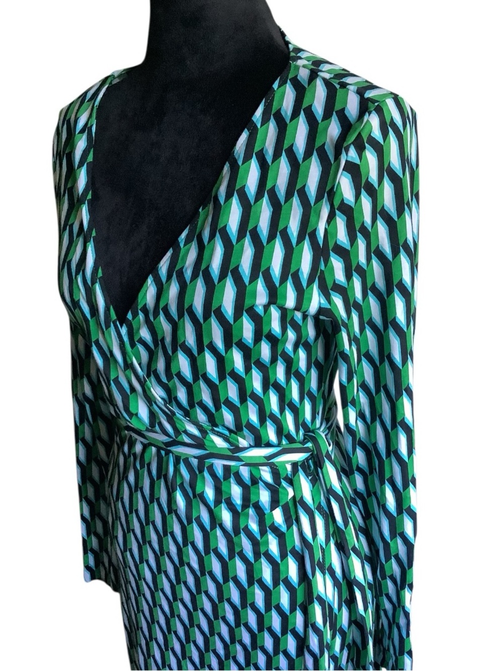 DVF for Target Wrap Dress Medium Green Blue Geometric Long Sleeve - Picture 7 of 9